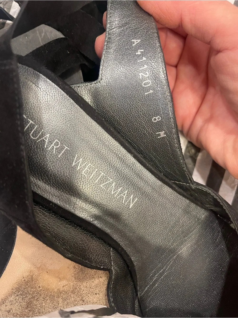 Stuart Weitzman Black Suede Pointed Tie-Back Flats with Ankle Ribbons - Picture 9 of 10